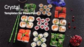  Presentation with prawn - Slide set consisting of sushi roll with salmon eel background and a dark gray colored foreground