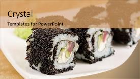  Presentation with tuna fish - Presentation consisting of sushi roll with tuna avacado sauce and flying fish roe background and a coral colored foreground