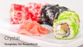  Presentation with caviar - Audience pleasing slide deck consisting of sushi rolls made of fish avocado and different flying fish roe tobiko caviar backdrop and a lemonade colored foreground