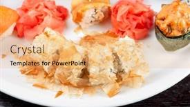  Presentation with cucumber cream - Amazing presentation design having sushi rolls of rice nori cream cheese avocado smoked salmon cucumber and cuts of tuna backdrop and a coral colored foreground