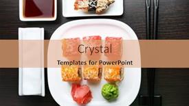  Presentation with soy sauce - Amazing slides having sushi rolls on plate soy sauce and chopsticks on wooden background backdrop and a coral colored foreground