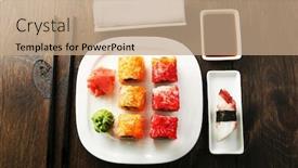  Presentation with soy sauce - Presentation theme consisting of sushi-rolls-on-plate-soy background and a coral colored foreground