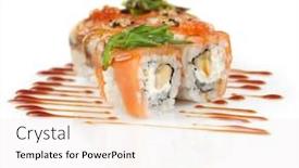  Presentation with red seaweed - Presentation theme consisting of sushi rolls with banana salmon eel fish wakame seaweed red caviar on white background and a sky blue colored foreground