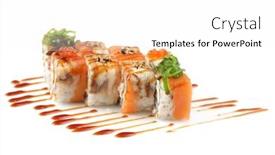  Presentation with red seaweed - PPT theme enhanced with sushi rolls with banana salmon eel fish wakame seaweed red caviar on white background and a white colored foreground