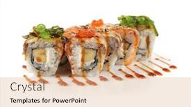  Presentation with red seaweed - Colorful theme enhanced with sushi rolls with banana salmon eel fish wakame seaweed red caviar on white backdrop and a coral colored foreground