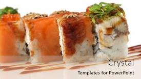  Presentation with seaweed - PPT theme featuring sushi rolls with salmon eel fish wakame seaweed on white background and a coral colored foreground