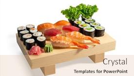  Presentation with sushi - Colorful PPT theme enhanced with sushi-set-and-sushi-roll backdrop and a coral colored foreground