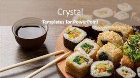  Presentation with round table - Slides having sushi set at round wooden plate on wooden table background and a coral colored foreground