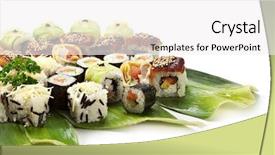  Presentation with yin yang - Colorful slide deck enhanced with sushi set - different types of maki sushi yin yang roll salmon and smoked eel roll cucumber roll caesar roll sweet fruit roll served on green leaves backdrop and a white colored foreground