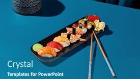  Presentation with asian chopsticks - Presentation with sushi-set-featuring-salmon-tuna background and a  colored foreground
