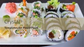  Presentation with chopsticks - Colorful theme enhanced with sushi set with chopsticks on the plate backdrop and a coral colored foreground
