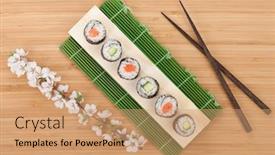 Presentation with sakura - PPT theme consisting of sushi set with fresh sakura branch over bamboo table background and a coral colored foreground