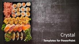  Presentation with take - Colorful theme enhanced with sushi-take-away-plastic-tray backdrop and a dark gray colored foreground
