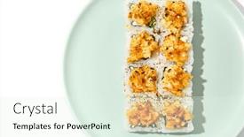  Presentation with white plate - Presentation theme having sushi-topped-burnt-shrimp-tartare background and a sky blue colored foreground