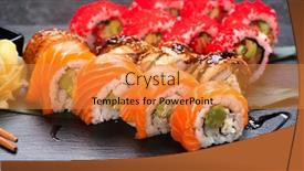  Presentation with japan food - Amazing presentation design having sushi-with-chopsticks-sushi-roll backdrop and a gold colored foreground