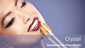  Presentation with chopsticks - Beautiful PPT layouts featuring sushi woman holding sushi with chopsticks looking at the camera smiling backdrop and a seafoam green colored foreground