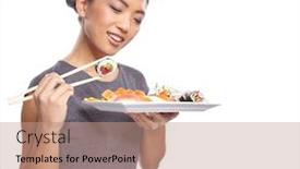  Presentation with chopsticks - Theme enhanced with sushi woman holding sushi with chopsticks looking at the camera smiling background and a coral colored foreground