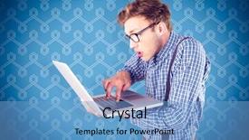  Presentation with laptop - Slide set with suspended animation - geeky businessman using his laptop background and a light blue colored foreground