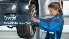  Presentation with female mechanic - Beautiful slide deck featuring suspended car at auto shop backdrop and a ocean colored foreground