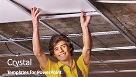  Presentation with builder - Amazing slides having suspenders - man in builder uniform installing backdrop and a tawny brown colored foreground