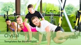  Presentation with group fitness - Cool new PPT theme with suspense - group of people exercising backdrop and a mint green colored foreground