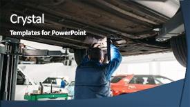  Presentation with suspension - PPT layouts featuring suspense - repairman checks the suspension car background and a dark gray colored foreground