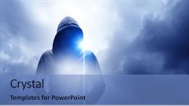  Presentation with media - Cool new slides with suspicion - guy in hoody mixed media backdrop and a teal colored foreground