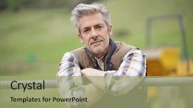  Presentation with camera - Colorful presentation theme enhanced with sustainability health - attractive farmer leaning on fence backdrop and a mint green colored foreground