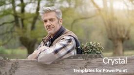  Presentation with what is thing used in looking for far object - Presentation theme with sustainability health - attractive farmer leaning on fence background and a gray colored foreground