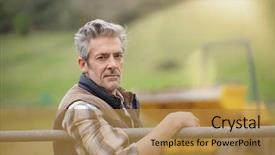  Presentation with camera - Presentation design enhanced with sustainability health - attractive farmer leaning on fence background and a gold colored foreground