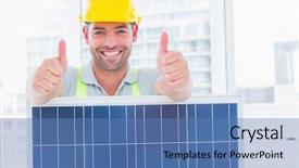  Presentation with solar panel - Slides with sustainable building - portrait of smiling manual worker background and a  colored foreground