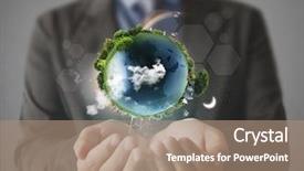  Presentation with hand holding earth - Theme consisting of sustainable business - globe earth in human hand background and a coral colored foreground