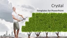  Presentation with grass - Audience pleasing PPT layouts consisting of sustainable business - young happy businesswoman cutting bush backdrop and a white colored foreground