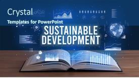  Presentation with business book - PPT theme consisting of sustainable-development-inscription-coming-out background and a ocean colored foreground