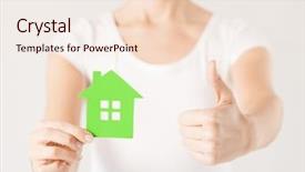  Presentation with green house - PPT theme featuring sustainable homes - woman hands holding green house background and a  colored foreground