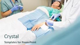  Presentation with male nurse - Slide set with suture - doctor stitching male patient's wound background and a light blue colored foreground