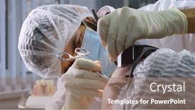  Presentation with dental implant - Audience pleasing presentation design consisting of suturing-stitches-oral-surgeon-performing backdrop and a coral colored foreground