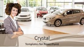  Presentation with suv - Cool new slide set with suv - confident saleswoman standing by cars backdrop and a soft green colored foreground