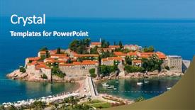  Presentation with artificial island construction - PPT layouts consisting of sveti stefan island in budva background and a teal colored foreground