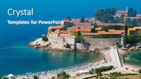  Presentation with island resort - Audience pleasing presentation theme consisting of sveti stefan resort island-hotel in montenegro backdrop and a teal colored foreground