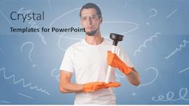  Presentation with rubber gloves - Cool new slide deck with swabber with orange rubber gloves and doodle concept on wallpaper backdrop and a light blue colored foreground