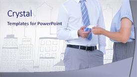  Presentation with business card - PPT theme enhanced with swap - business people mid sections swapping background and a sky blue colored foreground
