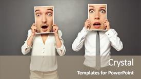  Presentation with human face set of faces - Presentation design consisting of swap - man and woman exchanged amazed background and a coral colored foreground