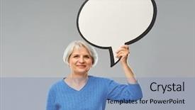  Presentation with old people - Slide set having sweater holding big blank speech background and a teal colored foreground