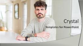  Presentation with young - Cool new slide set with sweater sitting on white table backdrop and a  colored foreground