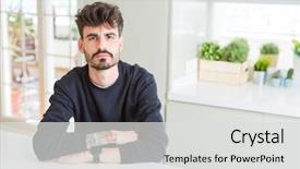  Presentation with 3 d man person - Slide set enhanced with sweatshirt sitting on white table background and a  colored foreground