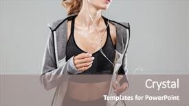  Presentation with listening woman - Beautiful theme featuring sweaty fitness woman in sportswear backdrop and a gray colored foreground