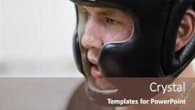  Presentation with boxing fight - Beautiful PPT theme featuring sweaty man in black boxing helmet looks away during fight close up backdrop and a tawny brown colored foreground