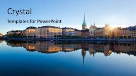  Presentation with city in the distance - Beautiful PPT layouts featuring sweden - stockholm city early morning backdrop and a light gray colored foreground