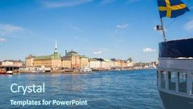  Presentation with old ship - Beautiful presentation theme featuring swedish flag on moored ship backdrop and a ocean colored foreground